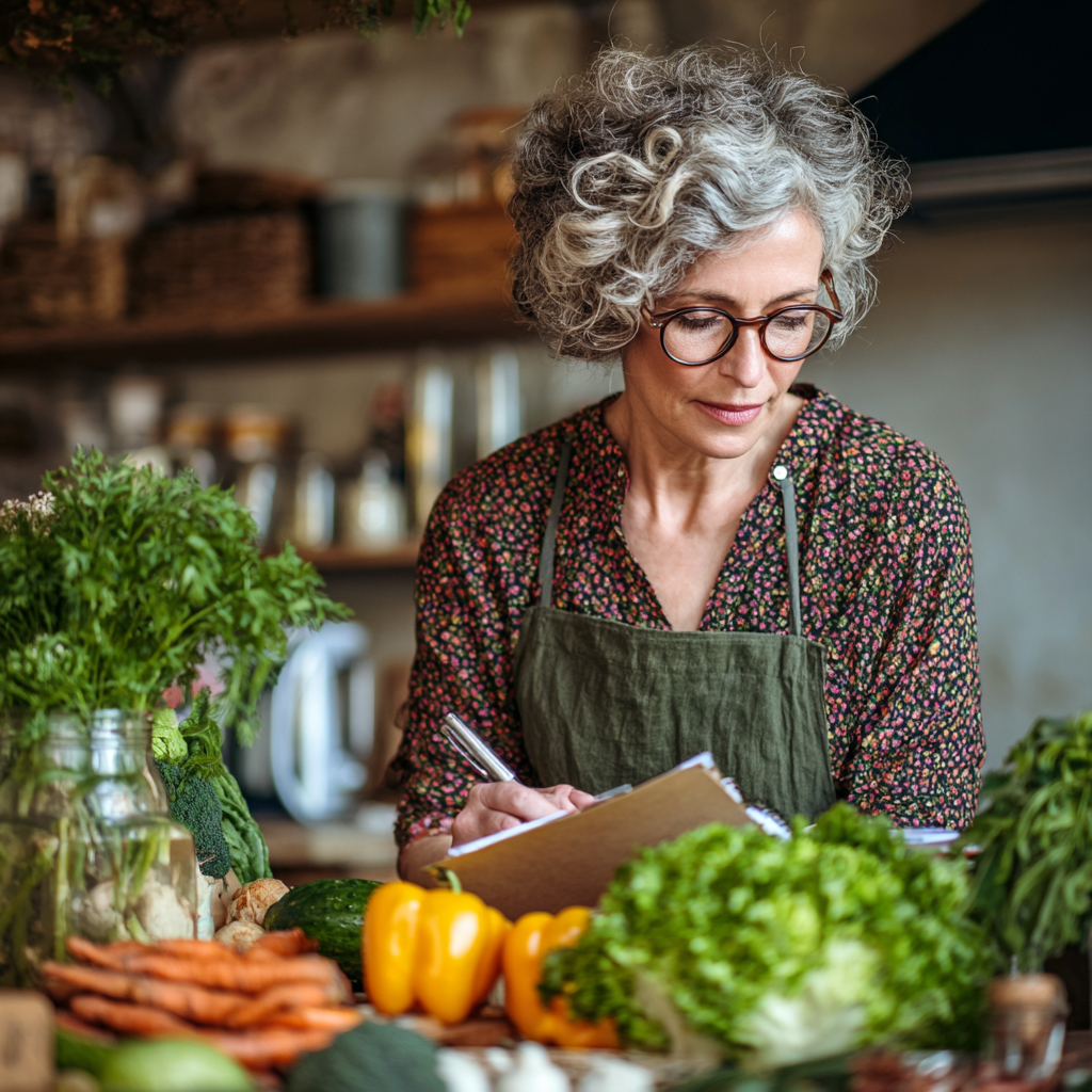 Middle-aged woman planning weekly meals with fresh vegetables and glumarel recipes