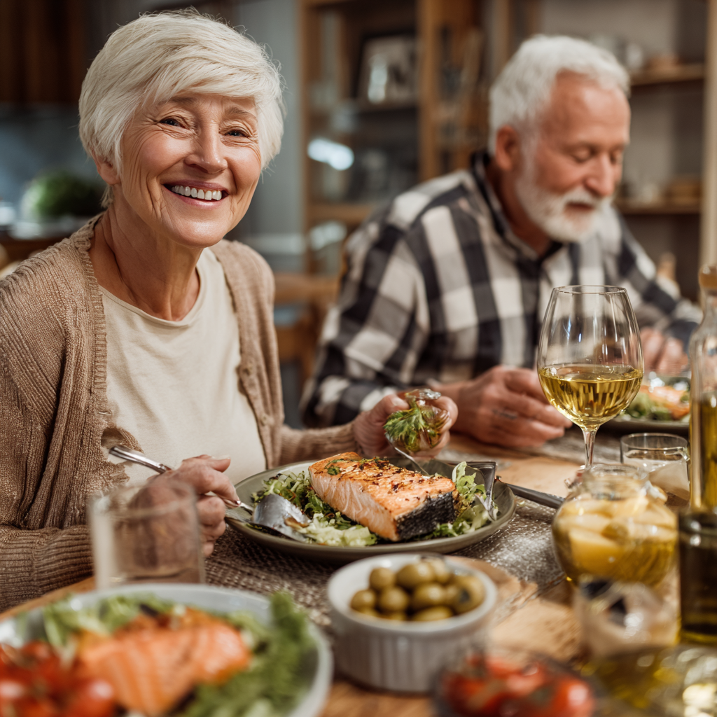 Older adults enjoying a balanced meal together, representing sustainable healthy eating habits